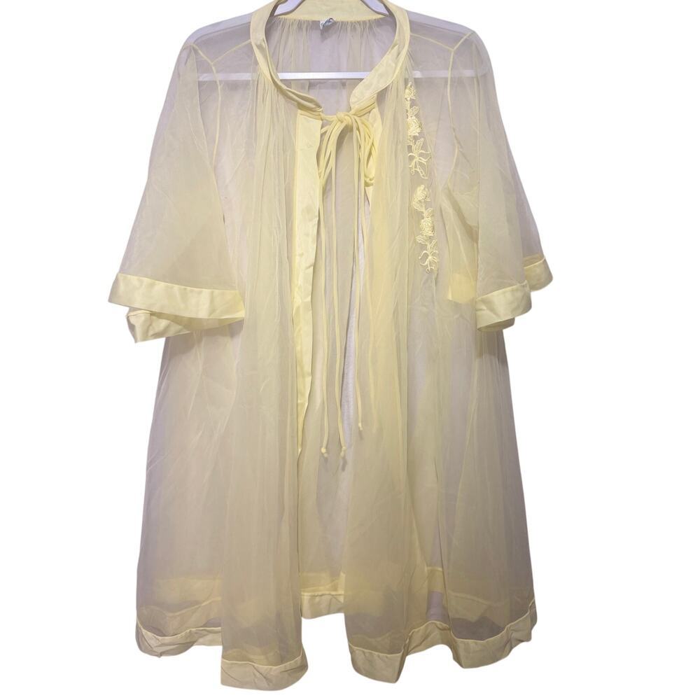 Vintage Gaymode Sheer Chiffon Robe Yellow 60s Floral Embroidered Coquette Bridal